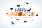 Happy Halloween vector illustration with typography lettering, flying bats and spider on white background. Holiday