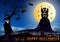 Happy Halloween vector illustration with vampire, pumpkin, bat, castle, tree and cemetery