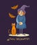 Happy Halloween vector invitation card with old witch, bats and cat