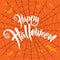 Happy Halloween vector lettering. Spooky spider web background.
