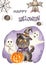 Happy Halloween watercolor card with black cat, ghosts, bats, spider, pumpkin