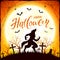 Happy Halloween with werewolf and bats on orange Moon background