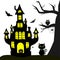 Happy Halloween. Witch Castle, black cat. tree, owl, flying vampires, spiders and ghosts on a white background.