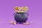 Happy Halloween with witch cauldron full of colorful candies and sweets on purple background, traditional october holiday, 3d