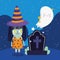 Happy halloween, witch cemetery tombstone and ghost trick or treat party celebration