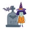 Happy halloween, witch costume tombstone bats trick or treat party celebration