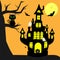 Happy Halloween. A witch s castle with a pumpkin, a black cat sitting on a tree, bats, cobwebs and spiders, a full moon