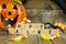 Happy Halloween wooden blocks with candy corn and decor