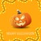 Happy Halloween, yellow getting square postcard with big fun pumpkin Jack