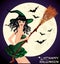Happy Halloween. young witch with broom