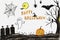 Happy Hallowen card by watercolors. Watercolor illustration with flying bats, pumpkin, ghost, tree and spiders on white