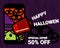 Happy hallowen digital marketing. Dicount banner. Cute witch holding megaphone in mobile.