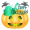 Happy hallowen greeting card with pumpkin and bat  illustration.