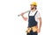 happy handsome workman holding level tool and looking away