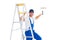Happy handyman on ladder while using paint roller