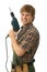 Happy handyman posing with power drill