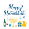 Happy Hanukkah calligraphy hand lettering with traditional items isolated on white. Jewish Festival of Lights. Vector template for