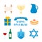 Happy Hanukkah flat icons set menorah candle, dreidel, Oil jar, star of David, etc. Jewish holiday Festival of Lights. Easy to