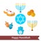 Happy Hanukkah flat vector icons set with dreidel game, coins, hand of Miriam, palm of David, star of David, menorah, traditional