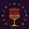 Happy Hanukkah. Gold menorah with red candles and stars on dark background for your greeting card design.