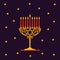 Happy Hanukkah. Gold menorah with red candles and stars on dark background for your greeting card design.