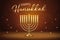 Happy Hanukkah greeting card with gold inscription and Golden realistic menorah, candlestick with burning candles