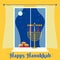 Happy Hanukkah greeting card with hanukkah traditional menorah, candles, donuts, house window and night sky