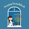 Happy Hanukkah Greeting card Jewish holiday girl with traditional symbols