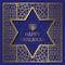 Happy Hanukkah greeting card templates on golden patterned background with star of David frame