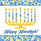 Happy Hanukkah greeting card, yellow blue and white mosaic geometric pattern on background.