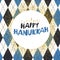 Happy Hanukkah greetings. Blue typography on white circle with golden particles. Menorah symbol with golden lights. Blue