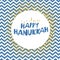 Happy Hanukkah greetings. Blue typography on white circle with golden particles. Menorah symbol with golden lights. Blue