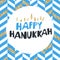 Happy Hanukkah greetings. Blue typography on white circle with golden particles. Menorah symbol with golden lights. Blue