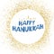 Happy Hanukkah greetings. Blue typography on white circle with golden particles. Menorah symbol with golden lights. White