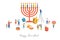 Happy Hanukkah, Jewish Festival of Lights scene with people, happy families with children.