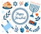 Happy hanukkah set. Collection of design elements for the Jewish holiday with menorah, torah, sufganiyot, bunting