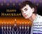 Happy Hanukkah Shining Illustration with Menorah, David Stars, Portrait of a Young Jew