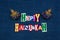 HAPPY HANUKKAH word text collage with colorful dreidels, multi colored fabric on blue denim, Jewish holiday