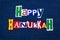 HAPPY HANUKKAH word text collage typography, multi colored fabric on blue denim, Jewish holiday