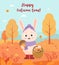 Happy hare-mushroom picker on background of autumn landscape. Poster Happy autumn time. Cute rabbit in rubber boots with