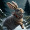 A happy hare in a wreath of spruce branches jumps cheerfully in a night winter forest