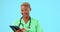 Happy healthcare, face and a black woman with a tablet isolated on a blue background in studio. Medical smile, portrait