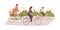 Happy and healthy family with kids cycling in summer. Parents with children riding bikes or bicycles together. Colored