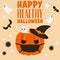 Happy Healthy Halloween.Vector Pumpkin in protective mask,witch hat,with coronavirus,ghosts,stars,bats.