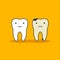 Happy healthy tooth and unhealthy bad tooth with face icon on background. Health, medical or doctor children