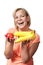 Happy and healthy woman with banana and apple