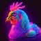 A happy hen, adorned with beautiful neon feathers in vibrant and bright colors, is captured in a side view against a close-up