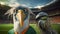 Happy Heron Mascot And Friend In Photorealistic Football Field Illustration