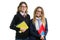 Happy high school girls friends closeup portrait. Pose on camera, in school uniform, with books and notebooks, on white background