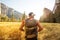 Happy hiker visit Yosemite national park in California